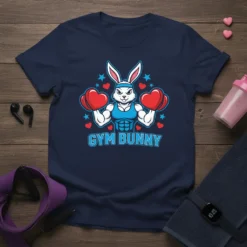 Gym Bunny T-Shirt with a muscular cartoon bunny wearing boxing gloves and a blue tank top