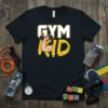 Black t-shirt with "GYM KID" text and cartoon arm lifting dumbbell graphic for kids