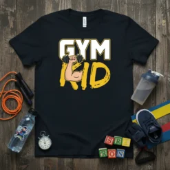 Black t-shirt with "GYM KID" text and cartoon arm lifting dumbbell graphic for kids