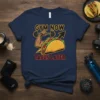 Gym Now Tacos Later t-shirt featuring a muscular arm lifting a dumbbell next to a taco graphic