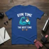 Gym Time The Best Time T-Shirt with flexed arm, stopwatch, and dumbbell graphic