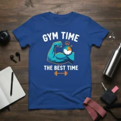 Gym Time The Best Time T-Shirt with flexed arm, stopwatch, and dumbbell graphic