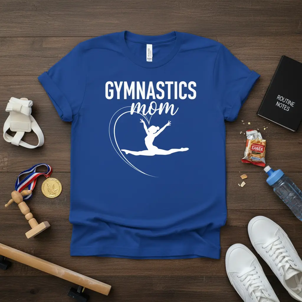 Gymnastics Mom text with a white gymnast silhouette performing a split leap inside a heart outline