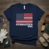 Navy blue t-shirt featuring an American flag design made of gymnast silhouettes and the text GYMNASTICS USA