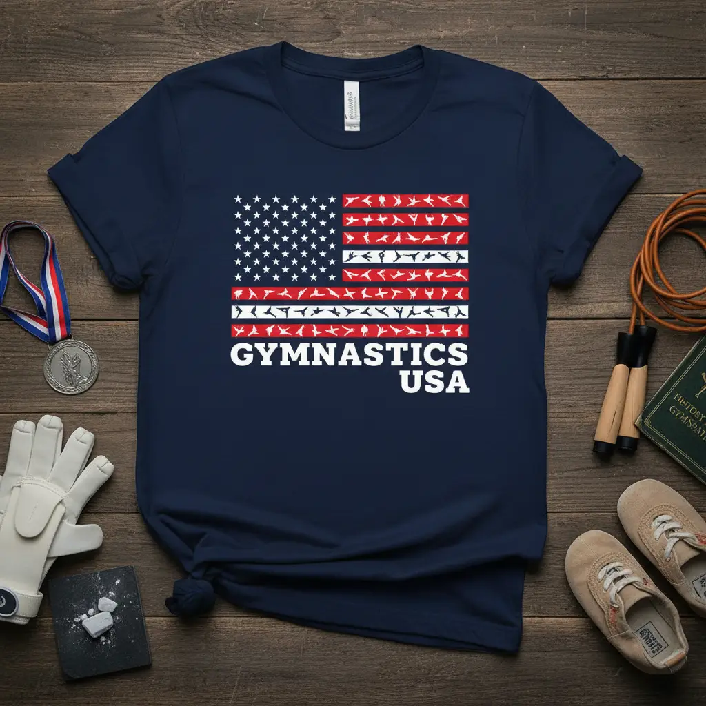 Navy t-shirt with American flag made of gymnast silhouettes and GYMNASTICS USA text