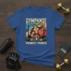 Gympanse Primate Power t-shirt design with a muscular monkey lifting weights and retro stripes