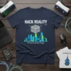 Hack Reality The Immortal Elle Trilogy t-shirt design with cyberpunk city, cube graphic, and code elements