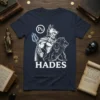 Hades T-Shirt design featuring the Greek god of the underworld with Cerberus, holding a trident, in white graphic style