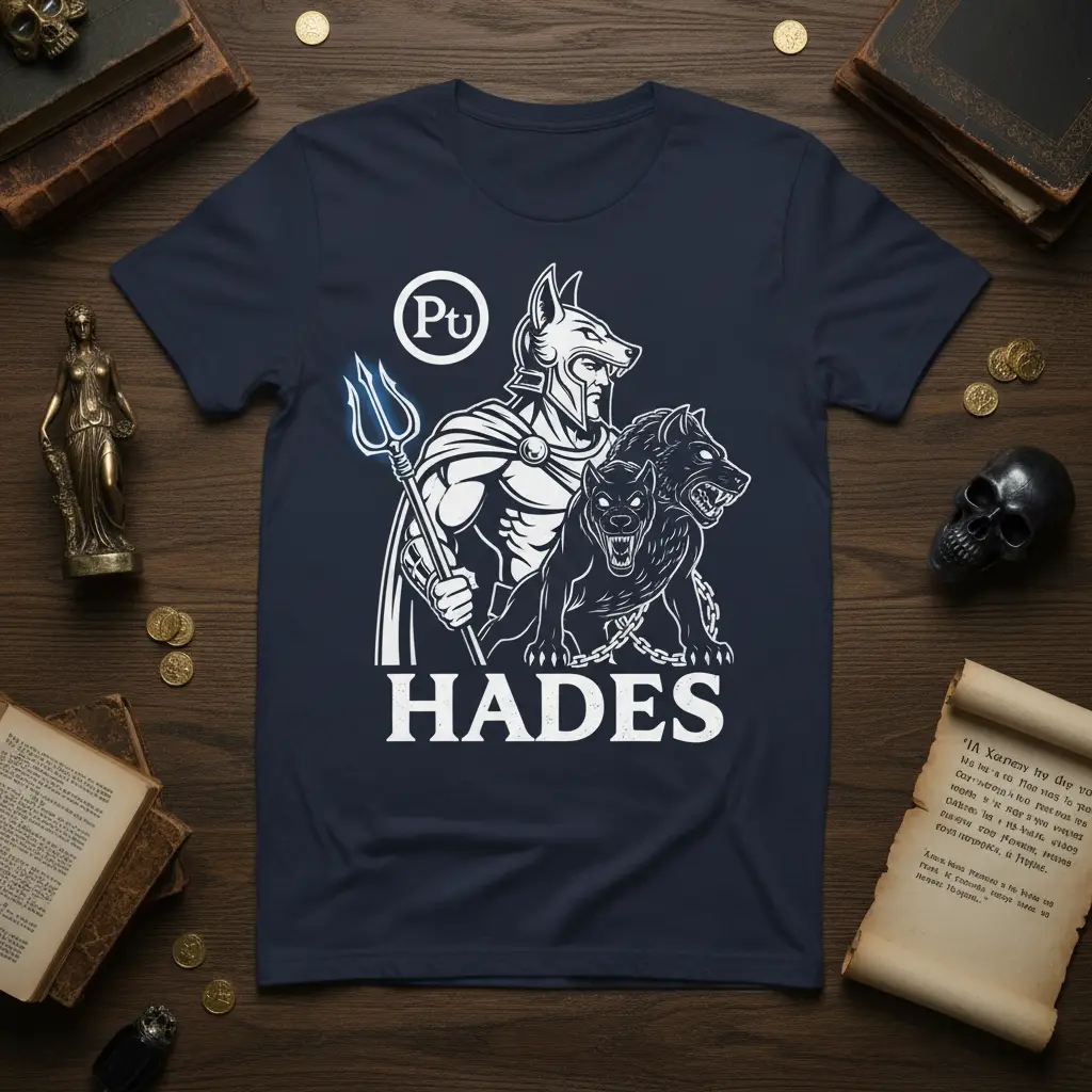 Hades T-Shirt graphic of Greek god with Cerberus and trident, white on navy blue tee