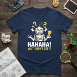 Funny robot design with "HAHAHA! WAIT, I DON'T GET IT" text, holding a lightbulb, surrounded by question marks