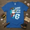 A blue t-shirt with a cartoon pirate shark and the text "Hai! Ich Bin 6" for a 6th birthday celebration