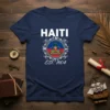 Haiti Est 1804 t-shirt design featuring the Haitian flag within a decorative emblem and the year 1804