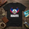 Black t-shirt featuring a Haiti flag heart emblem with the word HAITI in white block letters below