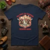 T-Shirt design featuring "HAL KHAYL HA LBARDOUD TBOURIDA MAROC" text above a crest with three horse riders firing rifles