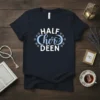 Navy t-shirt with "HALF CherO DEEN" text in white and light blue, surrounded by decorative stars and crescent moons