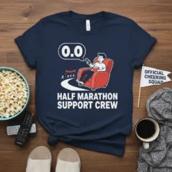 Half Marathon Support Crew T-Shirt featuring a man in a chair with popcorn and a remote, watching a race