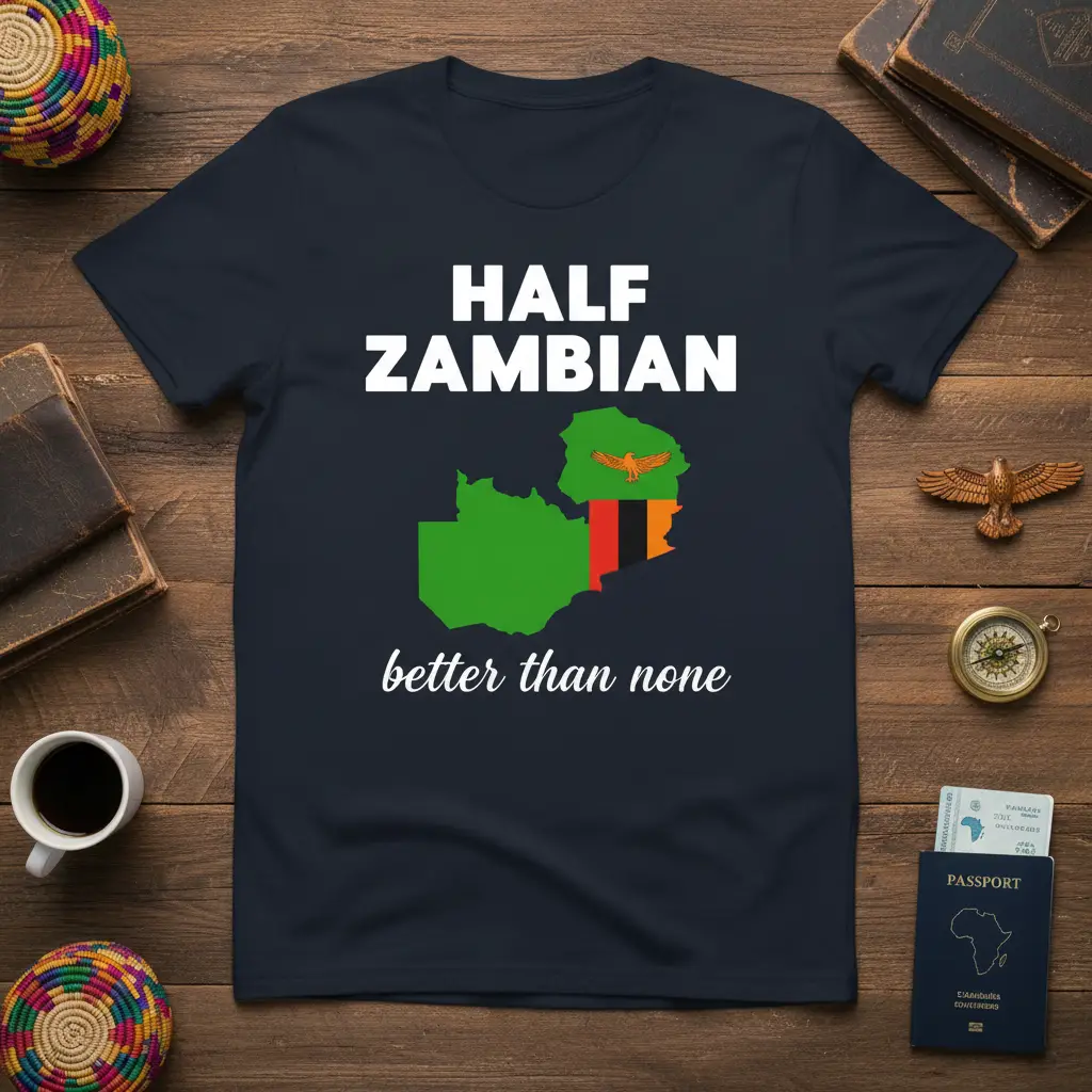 Half Zambian better than none text and Zambia map flag graphic on t-shirt