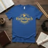 Blue t-shirt with yellow "Hallelach Praise The Lord" text, dove, and sunburst graphic