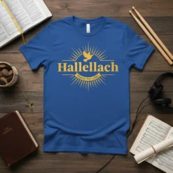 Blue t-shirt with yellow "Hallelach Praise The Lord" text, dove, and sunburst graphic