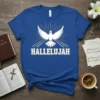 Blue t-shirt with the word HALLELUJAH in white block letters and a white dove with radiating lines above it