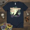 Navy t-shirt with "Halloween Bats" text above a graphic of bats flying against a full moon and dark clouds
