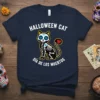 Halloween Cat Día de los Muertos t-shirt with a skeleton cat and colorful sugar skull elements