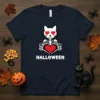 Halloween Cat Skeleton Heart design on a navy t-shirt, featuring a skeleton cat with heart eyes holding a red heart