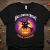 Halloween Night Magical Adventures t-shirt design with a black witch cat on a pumpkin