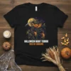 T-shirt design with "HALLOWEEN NIGHT TERROR FIELD OF SCREAMS" text and a scary pumpkin scarecrow graphic under a full moon