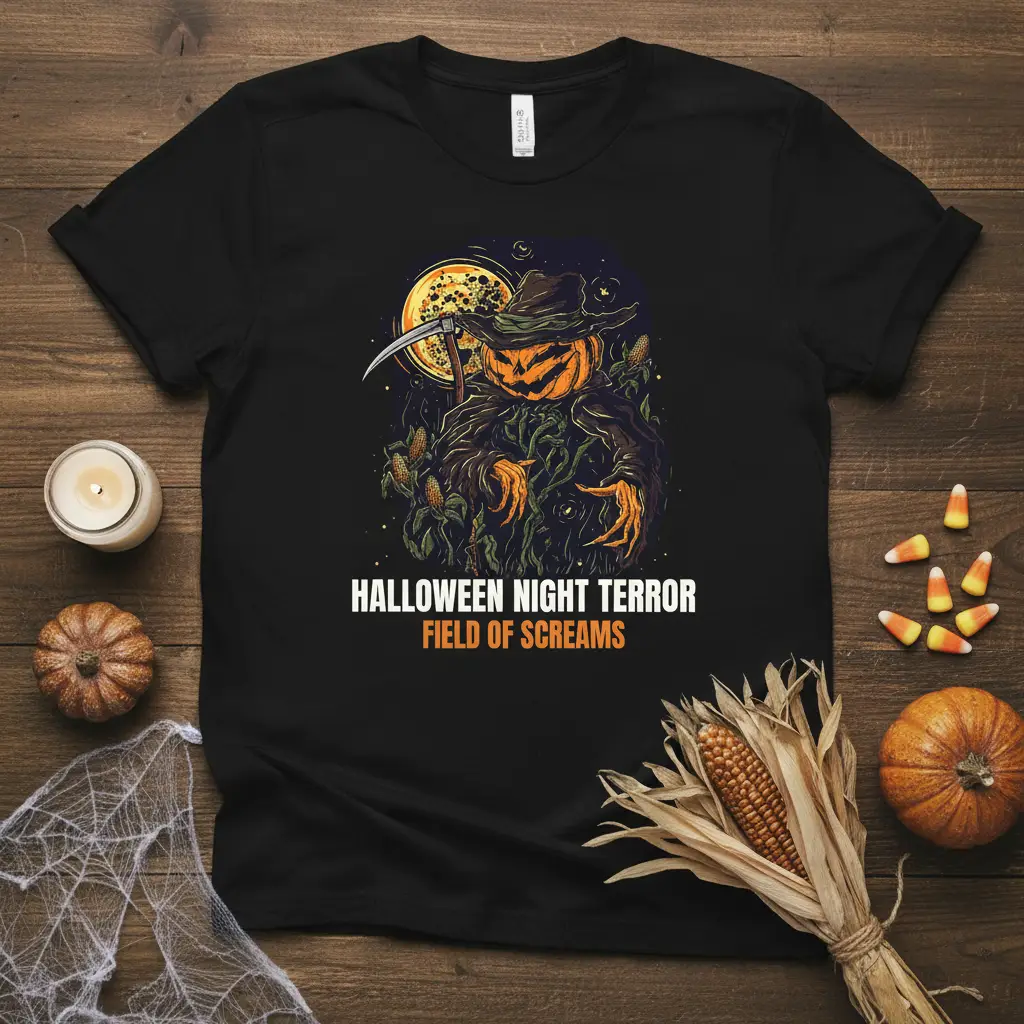 Halloween Night Terror Field of Screams quote with creepy pumpkin scarecrow graphic on a dark t-shirt design