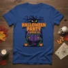 Halloween Party Come In text with spooky tree and pumpkins graphic on blue t-shirt
