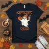 Halloween Ready text with a cute ghost holding a pumpkin and coffee cup, wearing an orange beanie