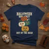 Halloween Spooky Day of the Dead t-shirt with stacked pumpkins featuring sugar skull and jack-o'-lantern designs