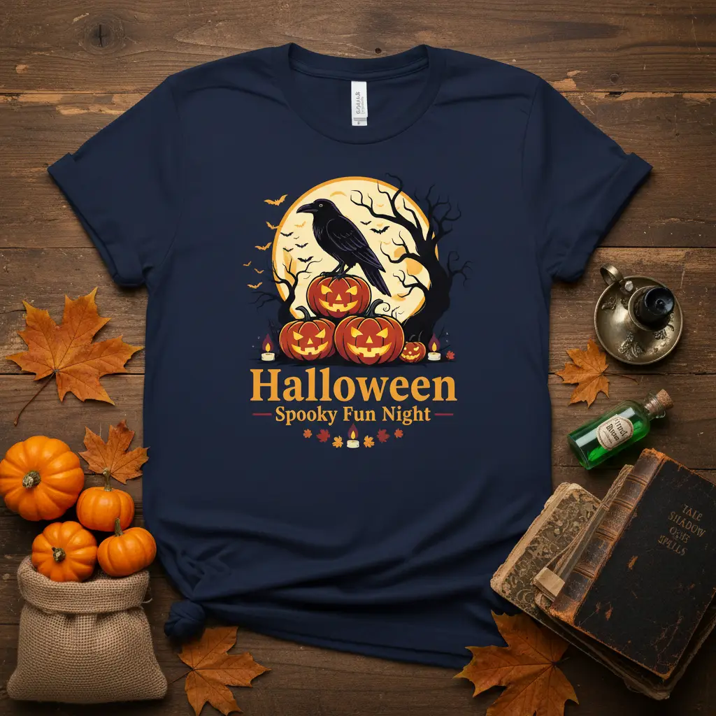 Halloween Spooky Fun Night graphic t-shirt featuring a crow, pumpkins, and a full moon scene
