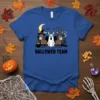 Halloween Team t-shirt design with cartoon donkeys in witch hats and a ghost, on a blue shirt