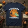 Halloween Volleyball T-Shirt design featuring a ghost and witch playing volleyball under a full moon