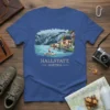 Hallstatt Austria t-shirt design with paddleboarder on lake, mountains, and village buildings