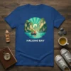 Halong Bay t-shirt design featuring a scenic landscape with limestone karsts, a traditional boat, and the text "Halong Bay"