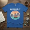 Blue t-shirt with "Halong Bay Vietnam" text and a circular graphic of limestone karsts and a boat at sunset