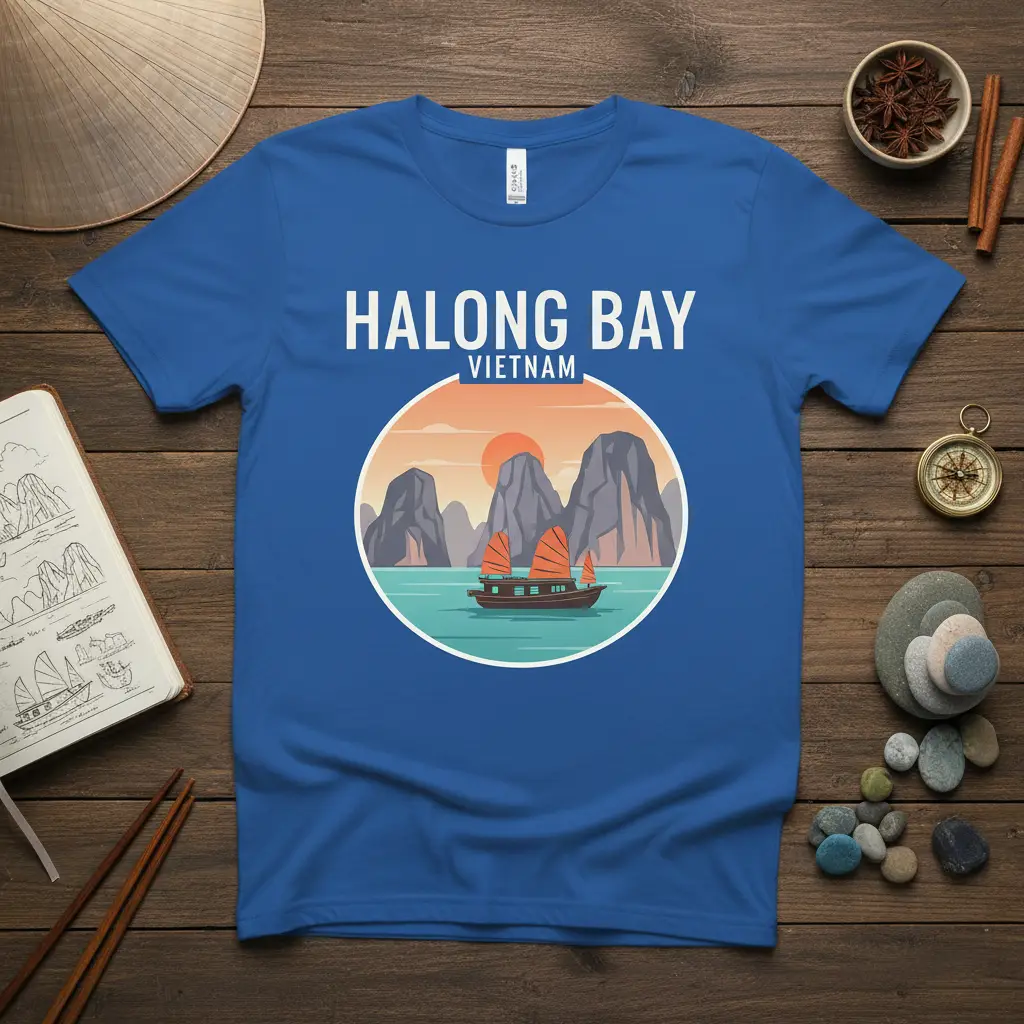 Halong Bay Vietnam text overlaying a scenic graphic of limestone karsts and a boat at sunset