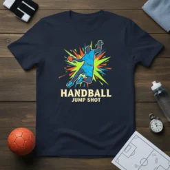 Handball Jump Shot T-Shirt design featuring a silhouette of a player in mid-air, holding a ball, with colorful abstract background