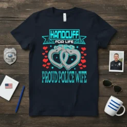 HANDCUFF FOR LIFE PROUD POLICE WIFE stylish graphic design printed on comfortable cotton t-shirt