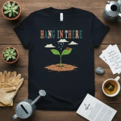 Hang In There inspirational quote t-shirt with a cartoon plant sprout, ladybug, clouds, and rain
