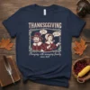 Thanksgiving pilgrim couple design with text "Hanging with annoying family since 1621" and speech bubbles "Please help me" and "and