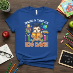 Sloth wearing graduation cap reading a math book with "Hanging In There For 100 Days!" text, surrounded by school supplies