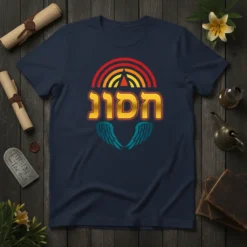 T-shirt with Hebrew text 'חמון' in gold, a rainbow graphic above, and blue wings below