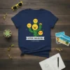 Navy t-shirt with "Happier Than Before" quote and a cute cactus graphic with smiley faces