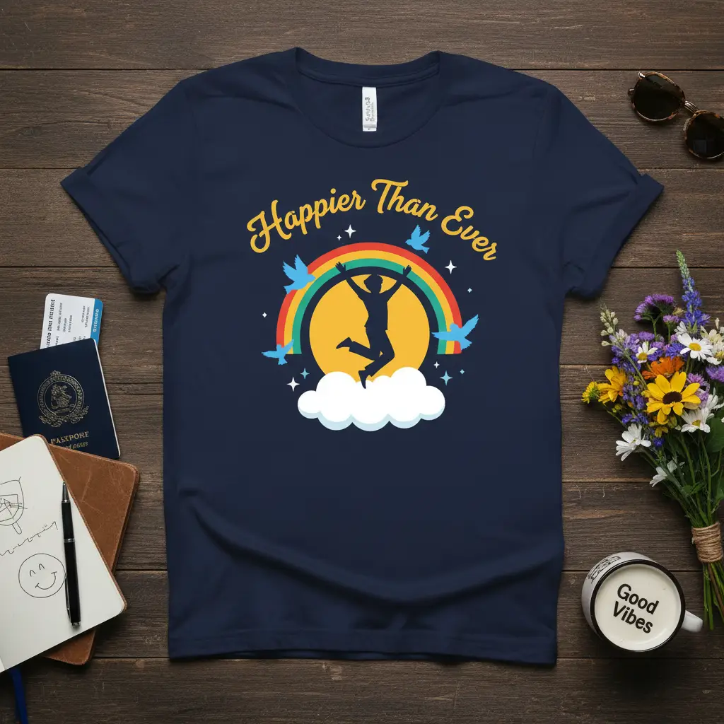 Happier Than Ever quote and joyful jumping silhouette under a colorful rainbow design on a navy shirt