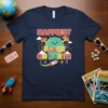 Happiest Place On Earth text with a cute smiling planet, roller coaster, mushrooms, and rocket graphic on a navy t-shirt