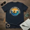 Happiness Comes In Waves text with a surfer riding a wave design on a navy t-shirt
